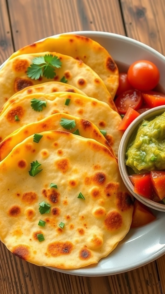 Crispy oven-baked tortillas served with salsa and guacamole on a rustic table.